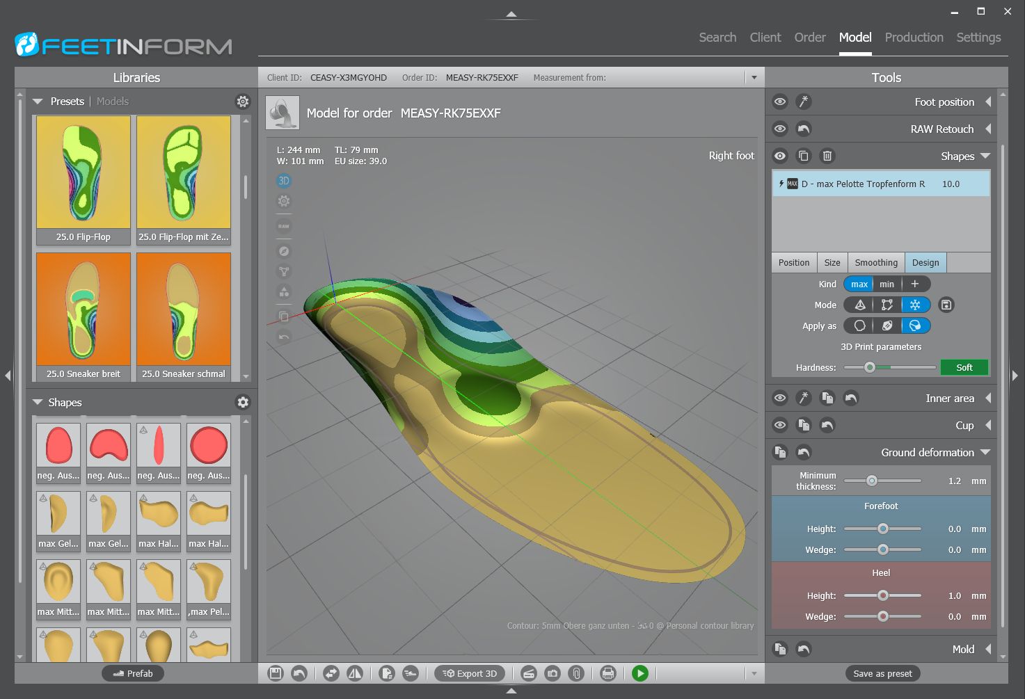 Slider Home 4 3D view of a custom-made insole in the FIF CAD software
